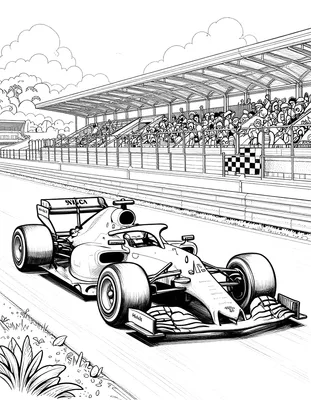 Kleurplaat van een Formule 1 raceauto die over het circuit rijdt langs tribunes met publiek en een finishvlag met zwart-wit blokpatroon.