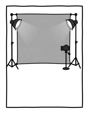 Kleurplaat van een fotostudio met een green screen, twee spotlights op statieven en een camera op een driepoot.