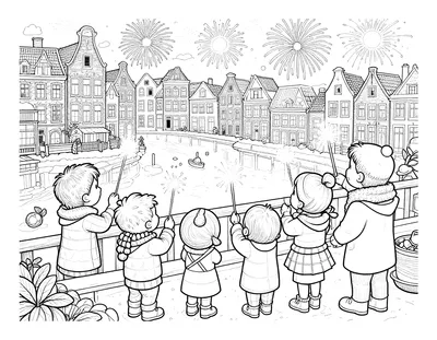 Kleurplaat van een Nederlands gezin op een besneeuwd dakterras dat met sterretjes vuurwerk boven grachtenpanden bekijkt.