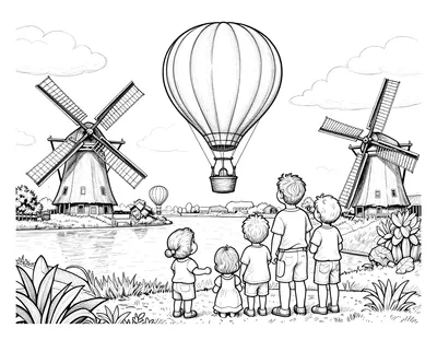 Kleurplaat van een gezin dat op Hemelvaartsdag vanaf de kant naar luchtballonnen boven molens en een vaart kijkt.