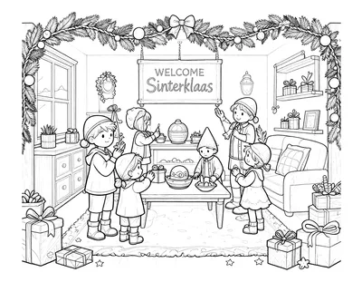 Kleurplaat van een gezin dat de woonkamer versiert met slingers en een welkomstbord voor Sinterklaas, met kinderen, cadeaus en een feestelijk tafereel.