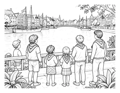 Kleurplaat van een gezin met sjaals dat vanaf een terras aan de gracht naar een voetbalwedstrijd kijkt, met boten en grachtenpanden op de achtergrond.