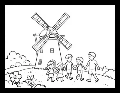 Kleurplaat van een Hollandse molen op een heuvel met een gezin dat hand in hand wandelt tussen lentebloemen