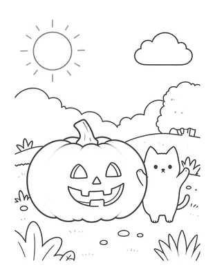 Kleurplaat met een uitgeholde pompoen met een lachend gezicht en een klein katje dat zijn pootjes opsteekt in een herfstlandschap.