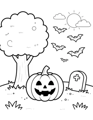 Kleurplaat van een Halloween tafereel met een boom, een lachende pompoen, vliegende vleermuizen en een grafsteen.