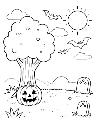 Kleurplaat van een Halloween tafereel met een boom, een lachende pompoen, vleermuizen in de lucht en grafstenen op de grond.