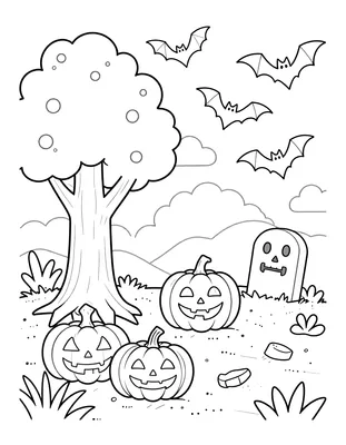 Kleurplaat met een Halloween tafereel met een boom, drie pompoenen, vleermuizen in de lucht en grafstenen op de grond.