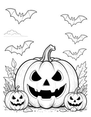 Kleurplaat met drie pompoenen met uitgeholde enge gezichten, vleermuizen en een volle maan in een Halloween nacht