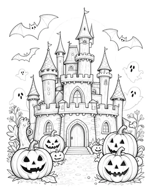 Kleurplaat van een spookkasteel met pompoenen, spoken en vleermuizen onder een volle maan