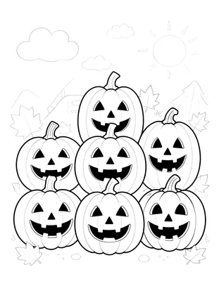Kleurplaat met zes lachende jack-o'-lantern pompoenen van verschillende groottes in een herfsttuin met bladeren, wolken en een zon.