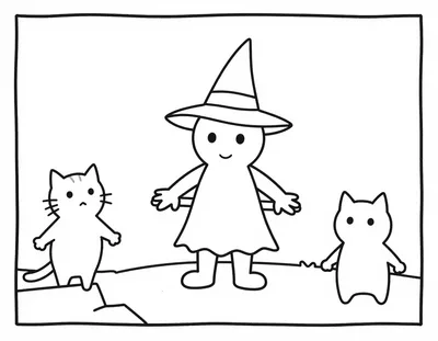 Kleurplaat van een vriendelijke heks met een punthoed die met een kat op een bezem over de daken vliegt.