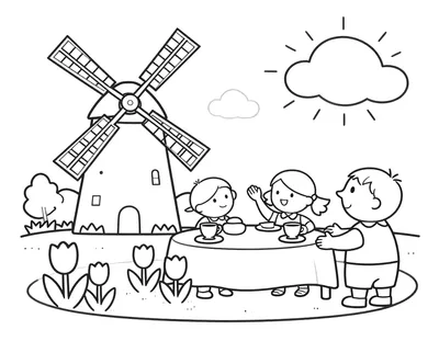Kleurplaat van een jongen en meisje aan een feestelijke brunchtafel in een tuin met tulpen en een molen op de achtergrond.