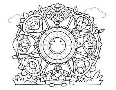 Zwart-wit mandala kleurplaat met symmetrische patronen van herfstbloemen en bladeren rond een centraal punt.