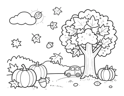 Kleurplaat van een herfsttafereel met een boom met gekleurde bladeren, vallende bladeren, pompoenen, eikels en een klein autootje op de achtergrond.