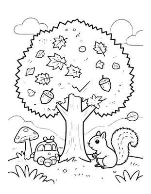 Kleurplaat van een grote herfstboom met vallende bladeren, eikels, paddenstoelen en een eekhoorn die nootjes verzamelt.