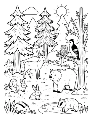 Kleurplaat van een herfstbos met dennen en loofbomen, een hert, konijn, eekhoorn, specht, uil, beer, vos en das bij een kleine vijver.