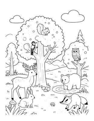Kleurplaat van een herfstbos met een hert, konijn, eekhoorn, specht, uil, beer in een vijver, vos, das en paddenstoelen bij de bomen.