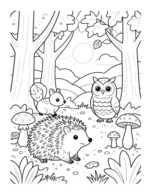 Kleurplaat met een egel, eekhoorn en uil tussen vallende bladeren en paddenstoelen in een herfstbos
