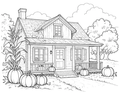 Kleurplaat van een gezellige herfstveranda met pompoenen, maisstengels en een welkomstmat voor een huisje.