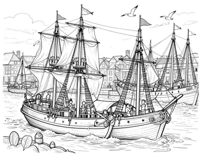 Kleurplaat van een Nederlandse haven op Bevrijdingsdag met historische zeilschepen, wapperende vlaggen en wakke meeuwen boven het water.