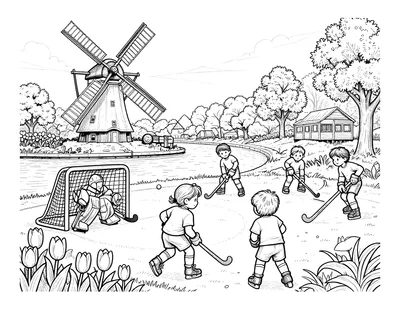 Kleurplaat van een Nederlands gezin dat hockeyt op een grasveld naast een gracht, met een molen, tulpen en een goal in de verte.