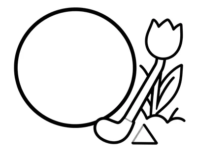 Kleurplaat van een grote ronde hockeybal met een eenvoudige hockeystick op het gras en een tulp ernaast.