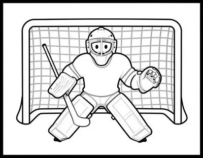 Kleurplaat van een jeugdige hockeykeeper in volledige uitrusting die een redding maakt voor een klein goalnet.