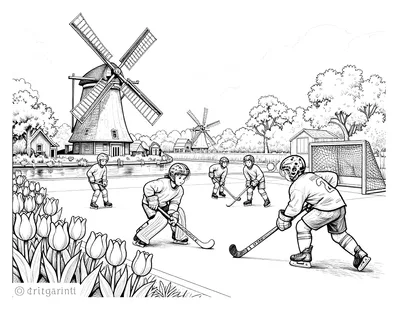 Kleurplaat van een hockeywedstrijd langs een gracht met molens, een tulpenrij en een keeper die de bal redt.