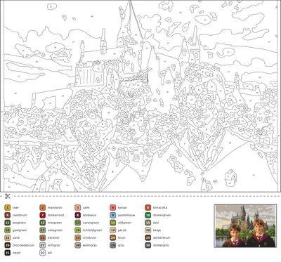 Kleurplaat op nummer van het kasteel van Hogwarts met torens en torentjes, gezien over het meer met enkele leerlingen in gewaad op de voorgrond.