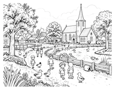 Kleurplaat van een Hollands polderlandschap met een dorpkerk, wandelende gezinnen op een kronkelpad, bloeiende fruitbomen en eenden in de sloot