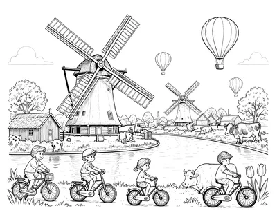 Kleurplaat van een Hollands polderlandschap met twee molens, een gezin op de fiets langs het water, koeien, tulpen en luchtballonnen in de lucht.
