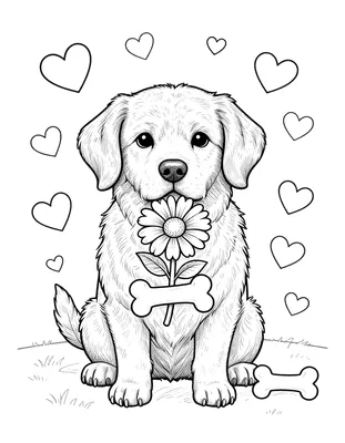 Kleurplaat van een zittende hond met een bloem in de bek, omringd door hartjes en hondenbotten.