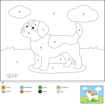 Kleurplaat van een blije hond die op het gras staat en met zijn staart kwispelt, met genummerde vakjes en een kleurenlegenda.
