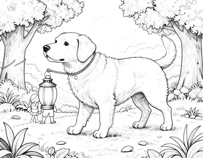 Kleurplaat van een grote hond die naast twee kinderen met lantaarns loopt op een pad vol herfstbladeren tussen bomen.