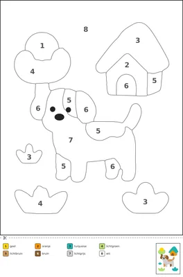Kleurplaat van een kleine hond in een tuin met een hondenhok op de achtergrond, met genummerde vakken en een kleurenlegenda.