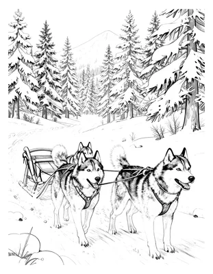 Kleurplaat van een hondenslee met husky's die door een besneeuwd landschap met dennenbomen en bergen trekken.