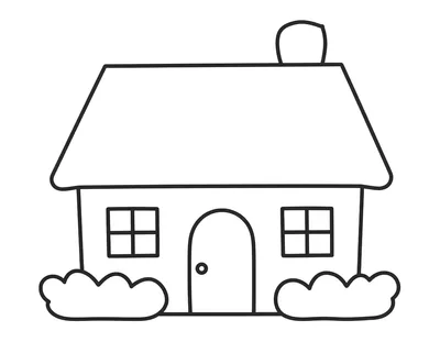 Kleurplaat van een eenvoudig huis met een deur, twee ramen en struiken, met een verlicht raam en kinderen met lantaarns bij de voordeur.