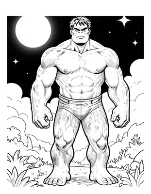 Kleurplaat van de Hulk die met gespannen spieren onder een halve maan en sterren aan de nachtelijke hemel staat.