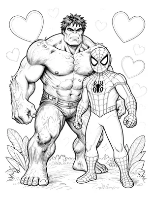 Kleurplaat met Hulk en Spiderman naast elkaar, omringd door zwevende harten en planten op de grond.