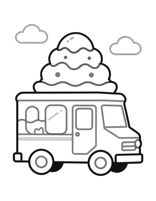 Kleurplaat van een ijswagen met een groot ijshoorntje op het dak, geparkeerd buiten met twee wolken in de lucht.