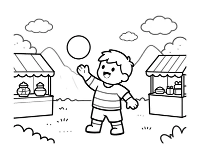 Kleurplaat van een cartoonjongen in een gestreept voetbalshirt die een bal hoog houdt op een besneeuwde markt met kraampjes en lampions.