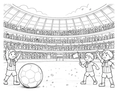 Kleurplaat van juichende kinderen met sjaals en vlaggen in een vol stadion, met een grote voetbal op de voorgrond.