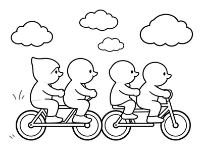 Kleurplaat van vier kabouters die samen op een tandemfiets naar een verjaardagsfeest rijden, met wolken in de lucht.