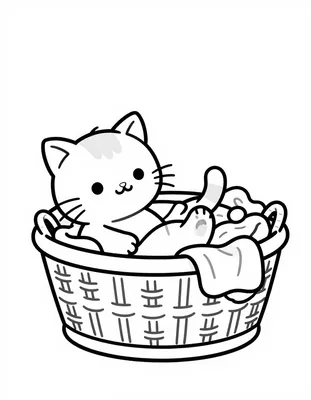 Kleurplaat van een kat die in een mand met schone was ligt, met een pootje omhoog tussen de kleren.