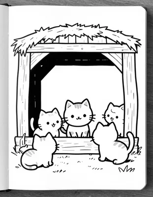 Kleurplaat van vier katten in een houten stal met stro dak op de boerderij.
