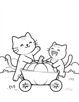 Kleurplaat van twee blije katten bij een kruiwagen vol pompoenen in een herfsttuin.