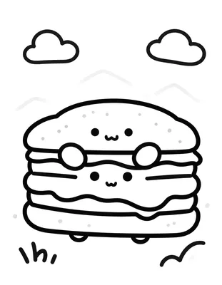 Kleurplaat van een kawaii boterham met een lachend gezichtje die picknickt op een bergtop tussen de wolken.