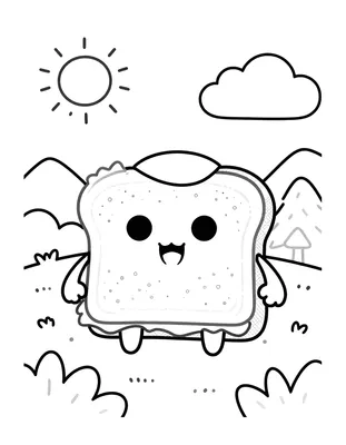 Kleurplaat van een kawaii boterham met een lachend gezichtje dat picknickt op een bergtop tussen de wolken, met zon en bergen op de achtergrond.