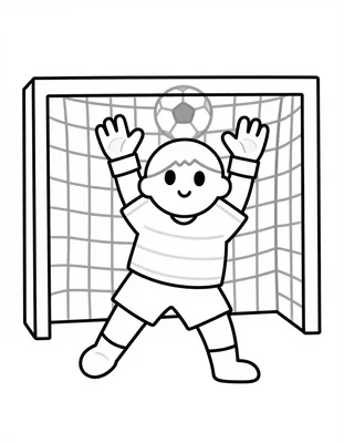 Kleurplaat van een jonge keeper in een gestreept shirt die met gespreide armen naar een bal duikt voor een klein voetbaldoel.