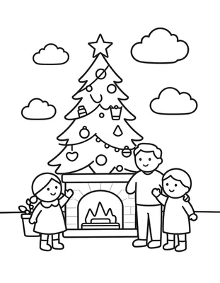 Kleurplaat van een versierde kerstboom naast een open haard, met een vader, moeder en twee dochters die ervoor staan.